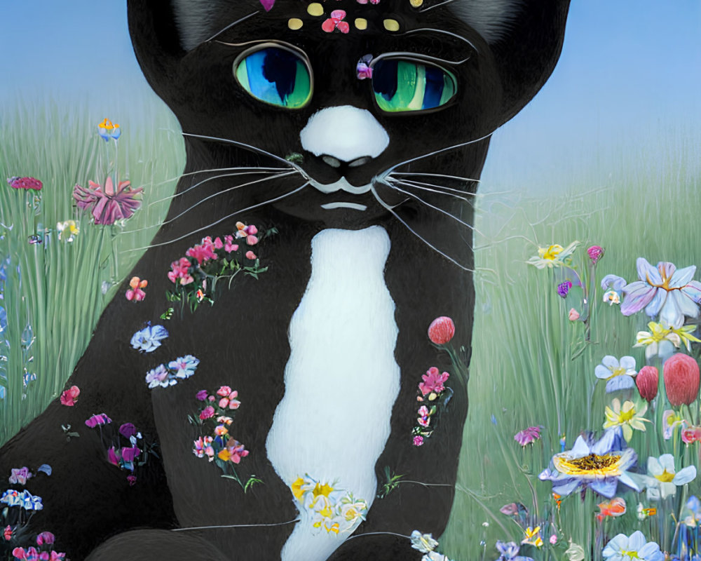 Colorful Painting of Black Cat Among Vibrant Flowers