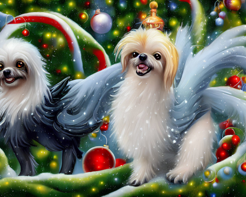 Fluffy White Dogs with Angel Wings in Festive Christmas Setting