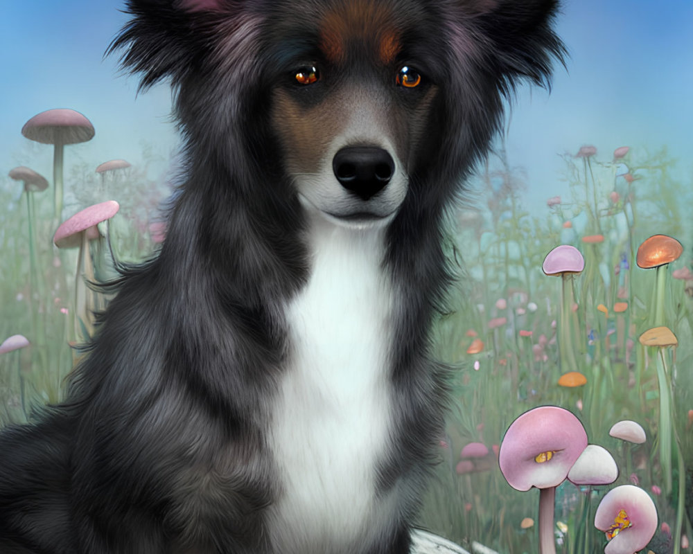 Realistic black and tan dog in vibrant floral setting