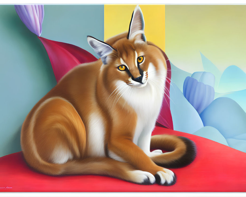 Large Orange and White Cat Painting on Red Surface with Colorful Abstract Background