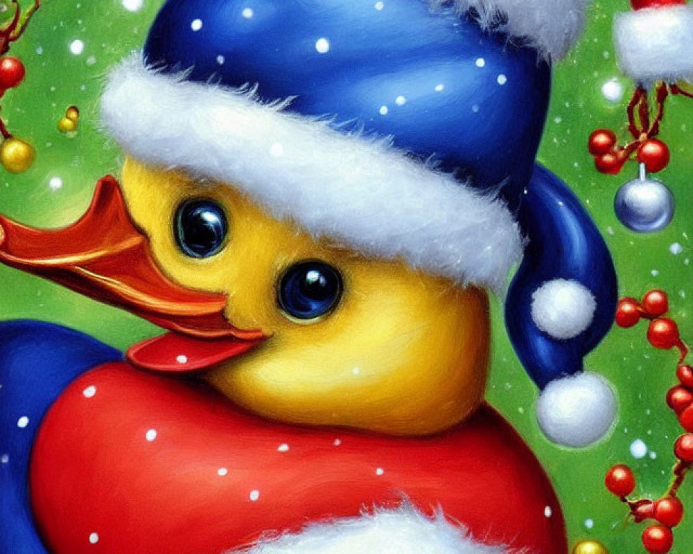 Adorable Chick in Santa Hat Surrounded by Snowflakes