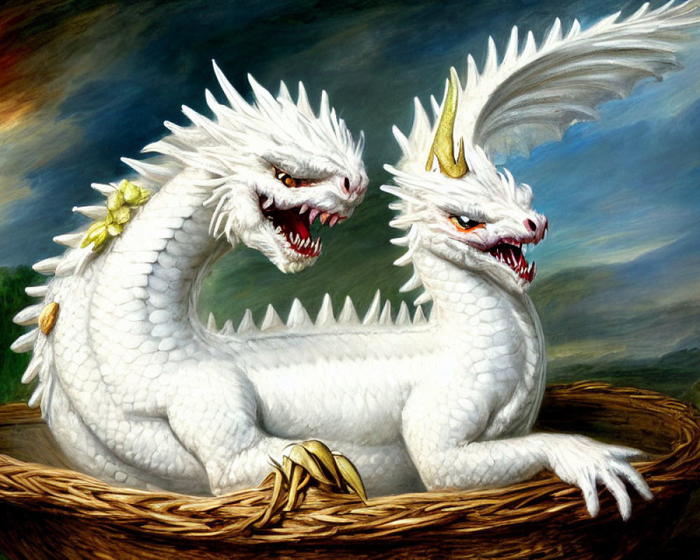 White Two-Headed Dragon in Nest Against Stormy Sky