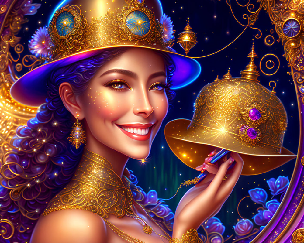 Smiling woman in golden attire with magical lamp on starry background