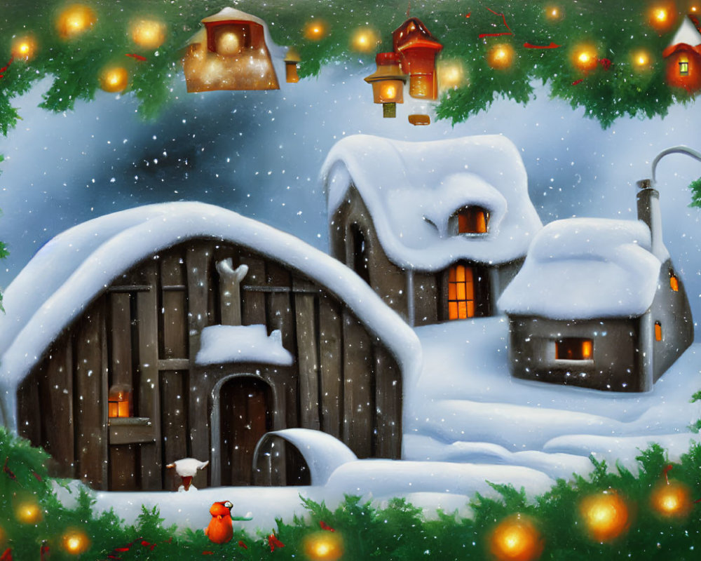 Snow-covered cottage with glowing windows and snowman in festive winter scene