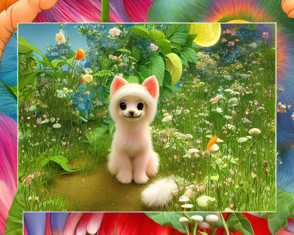 Whimsical fluffy white dog in vibrant magical garden