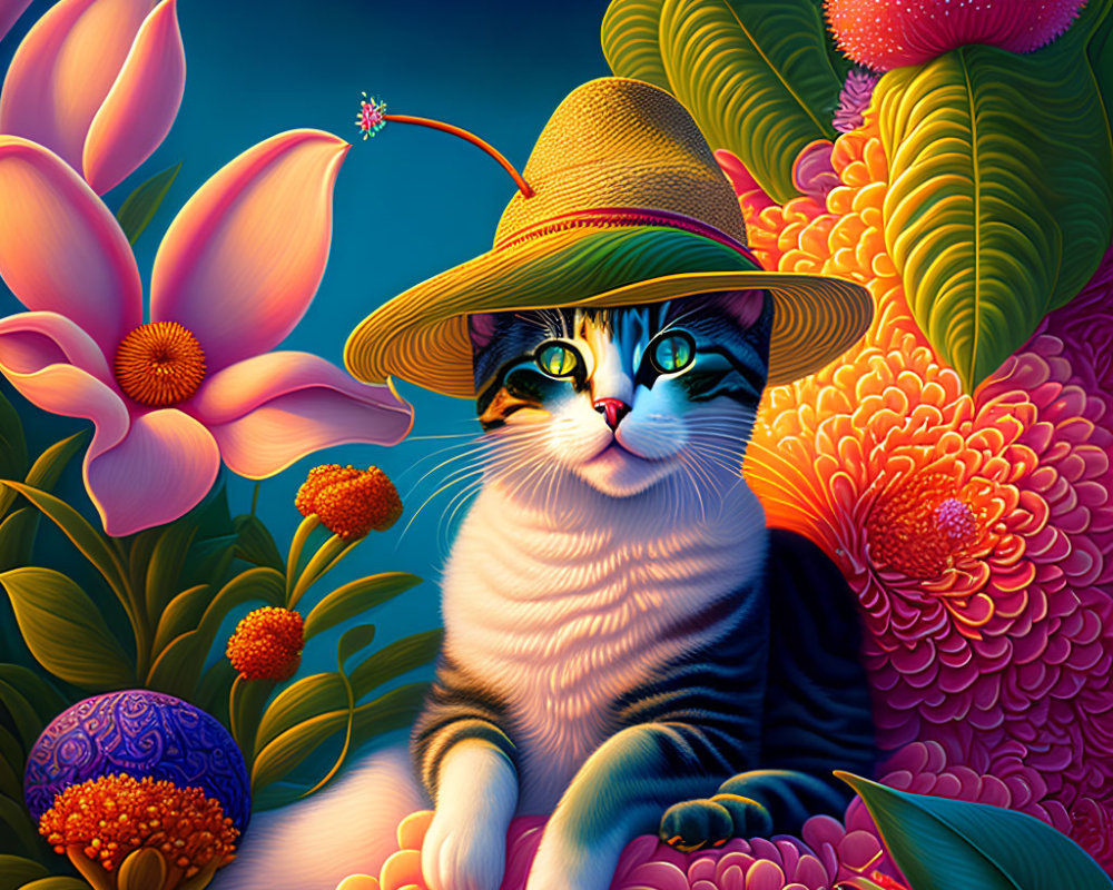 Colorful Tabby Cat in Straw Hat Surrounded by Exotic Flowers at Night