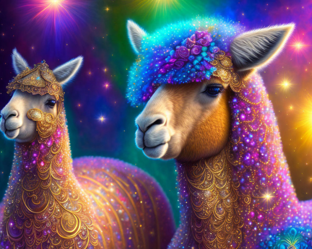 Ornately decorated llamas with sparkling fur and elaborate headdresses on vibrant, starry backdrop