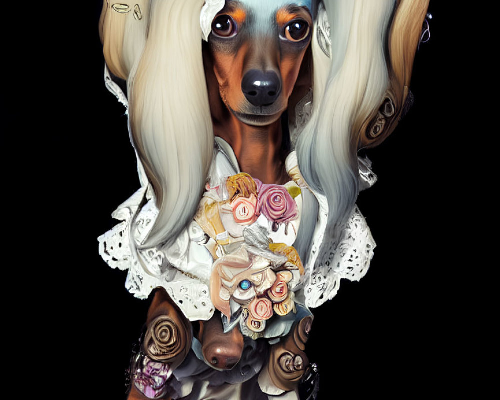 Dachshund in White Lace Dress with Floral Headband and Bouquet on Pink Background