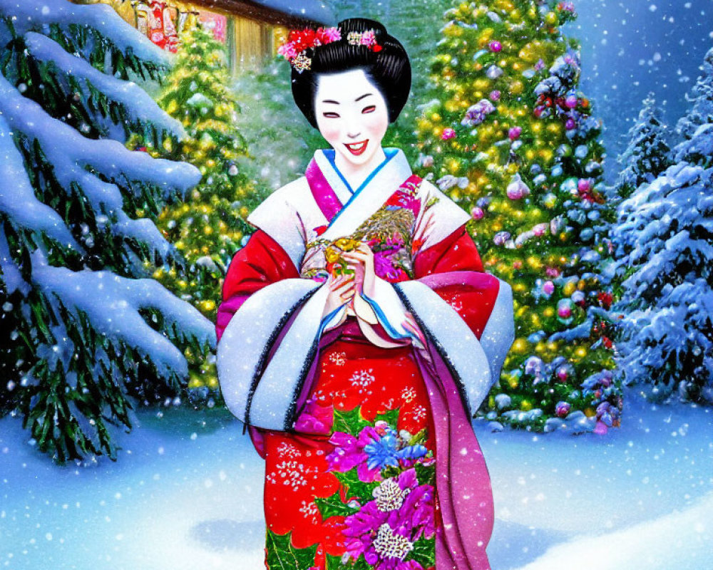 Illustrated Geisha in Red Kimono by Christmas Tree in Snowy Scene