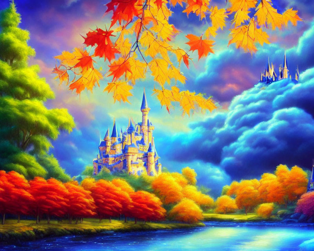 Enchanted castle in autumn landscape with dramatic sky and serene river