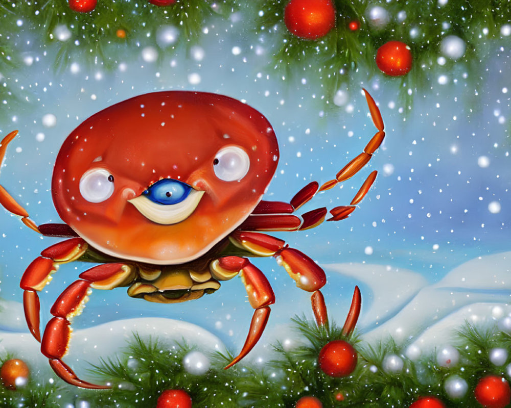 Illustration of red crab in snowy scene with fir branches and baubles