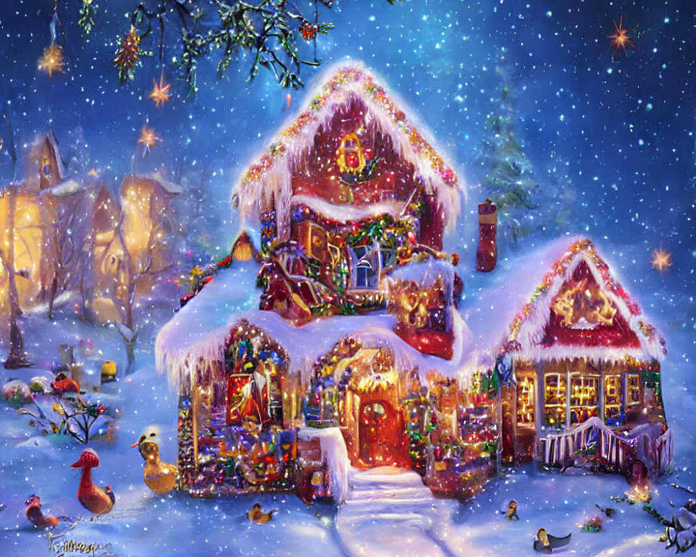 Snow-covered winter houses with Christmas decorations and holiday accents.