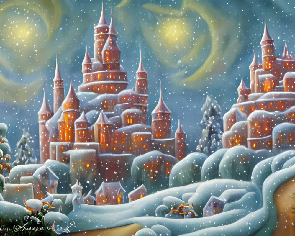 Snowy Winter Landscape with Illuminated Castles, Christmas Tree, and Snowflakes