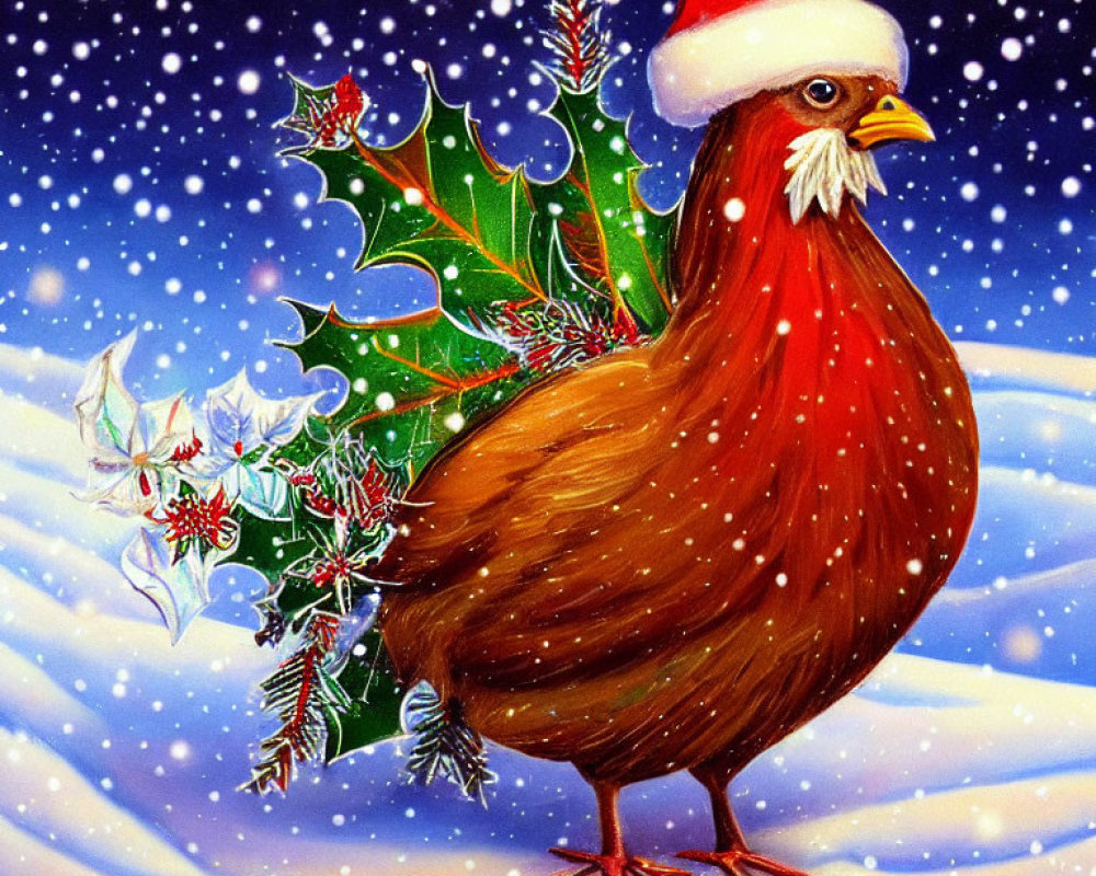 Whimsical chicken with Santa hat in snowy night scene