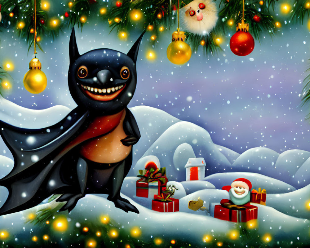 Cartoon bat in snowy Christmas scene with decorations and snowman