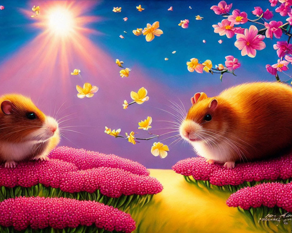 Cartoon hamsters on pink flowers under sunny sky