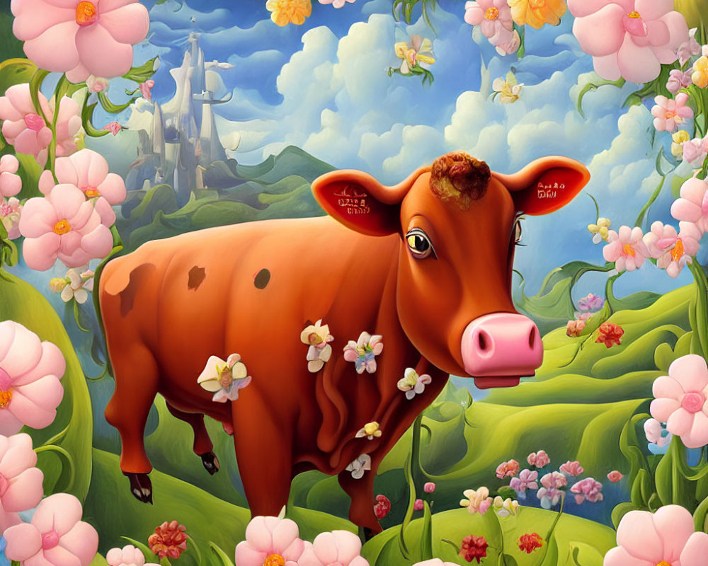 Whimsical painting of a brown cow in flower-filled field with castle