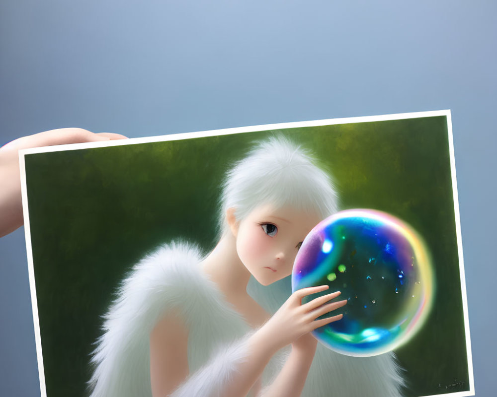 Realistic illustration of girl with white hair and feathers held by hands, gazing at luminescent