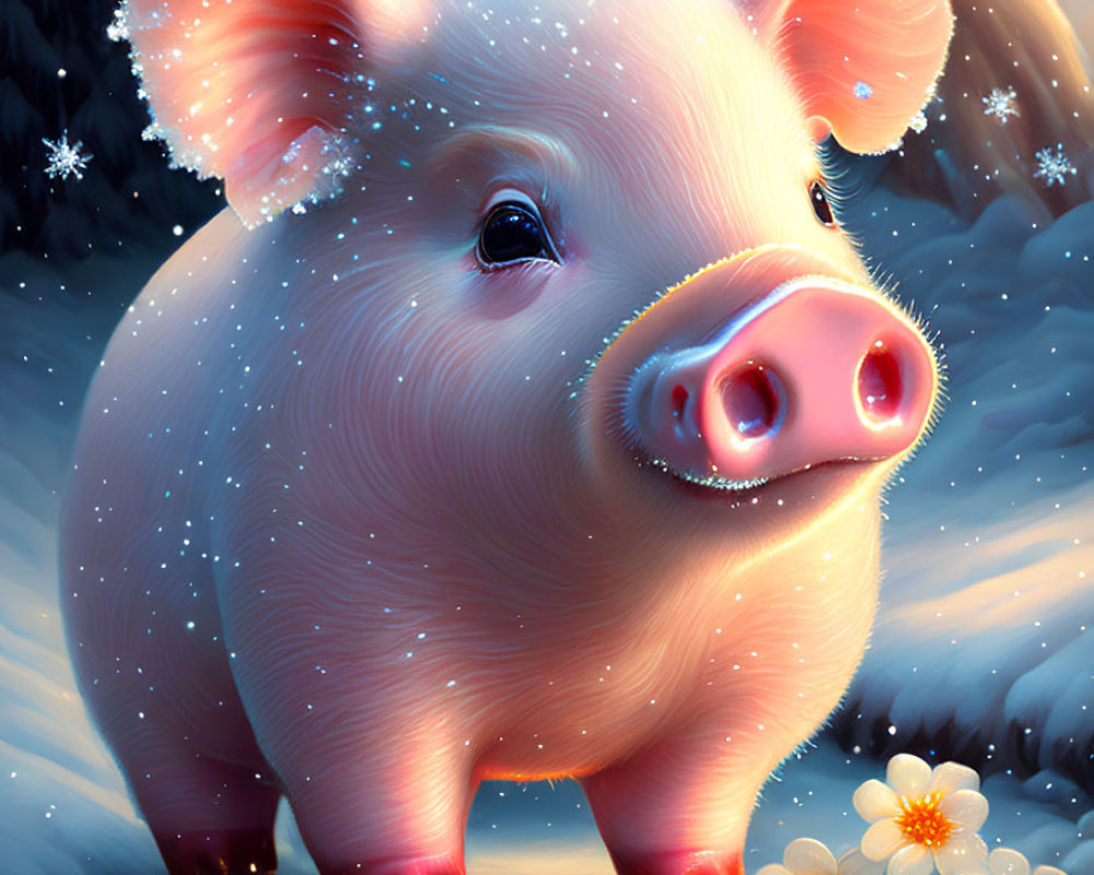 Pink piglet with snowflakes and flowers in snowy scene