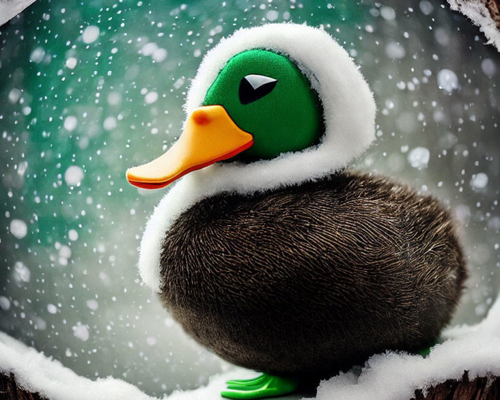 Plush Duck Toy with Green Headgear in Snowy Scene