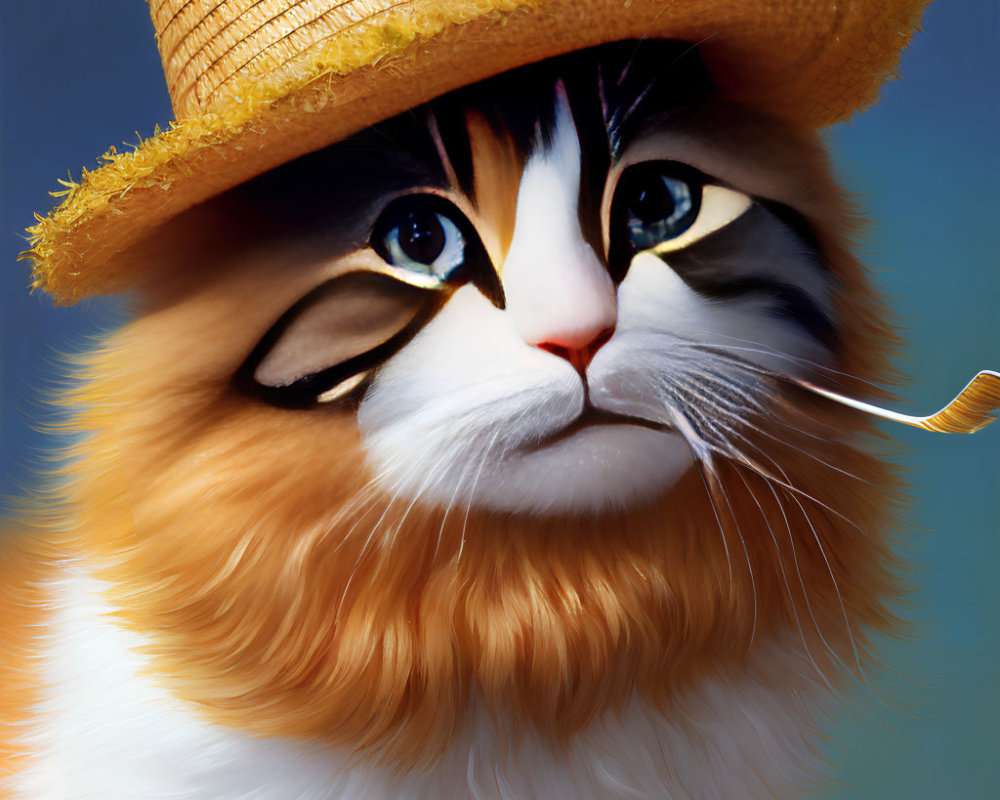 Stylized digital cat illustration with expressive eyes and straw hat on blue background