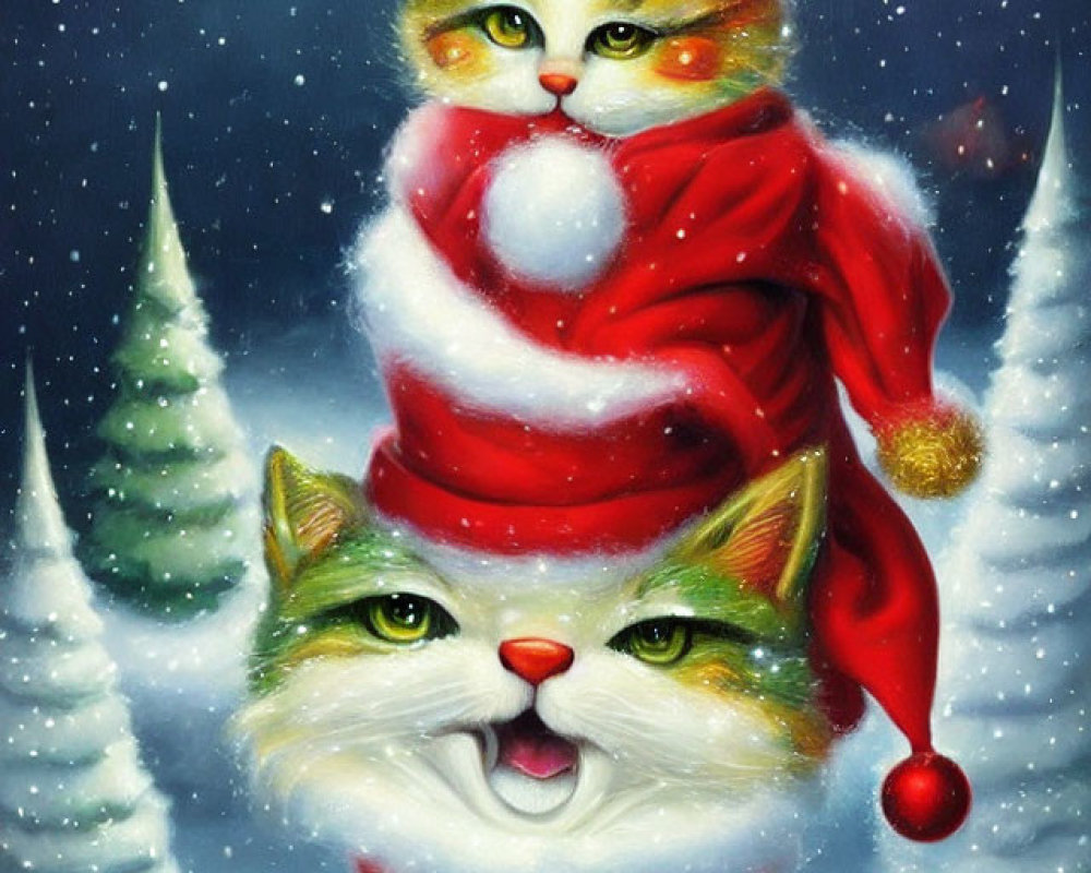 Whimsical Christmas card design with two cats in Santa hats