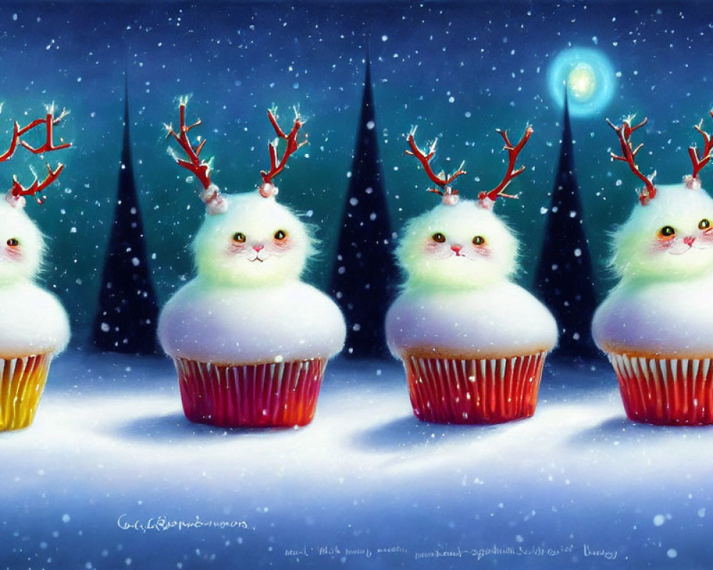 Snowy White Cat Cupcakes with Reindeer Antlers and Festive Hats in Snowy Scene