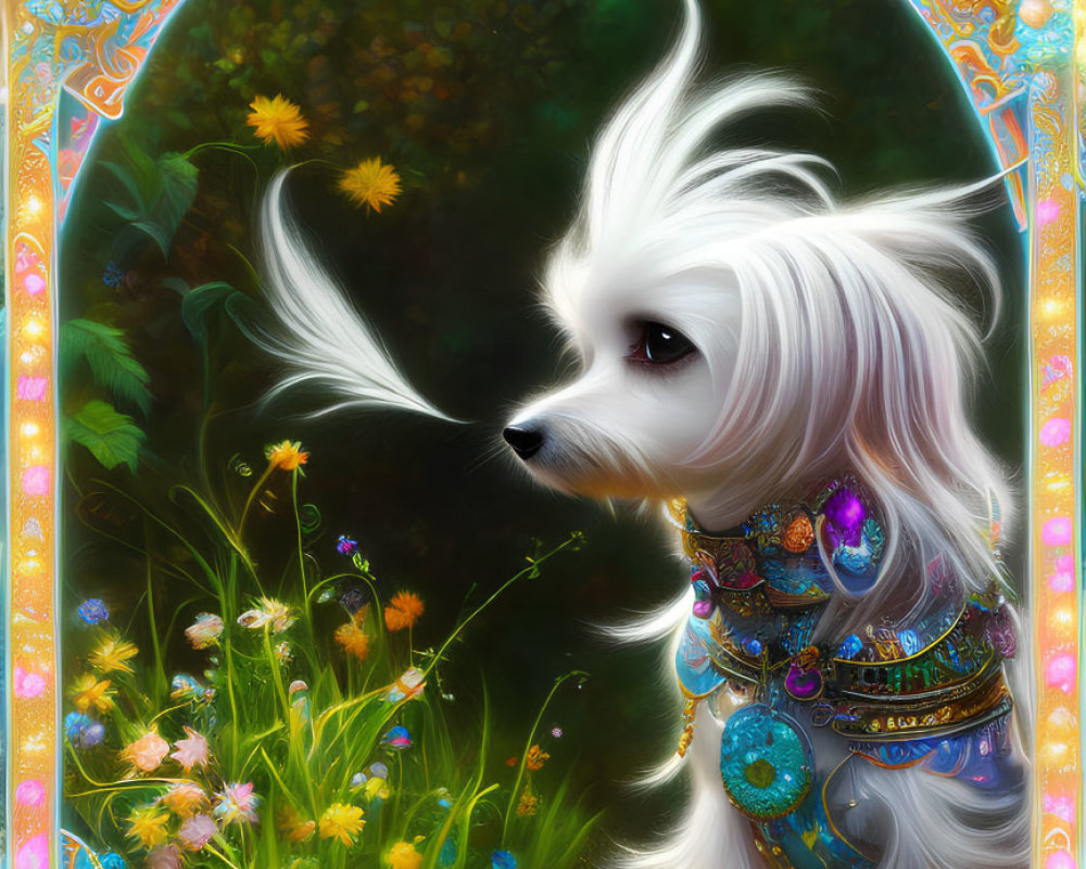 Elegant white dog with ornate jewelry on vibrant floral background