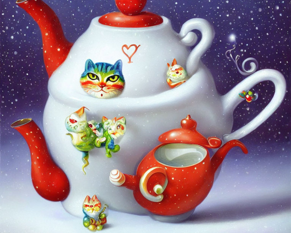 Whimsical red teapot with cat-like features in snowy scene