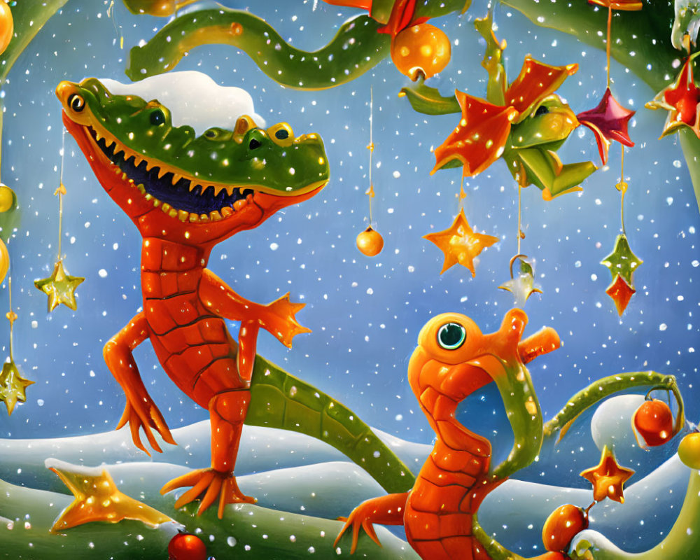 Colorful Cartoonish Orange Geckos in Snowy Starry Scene