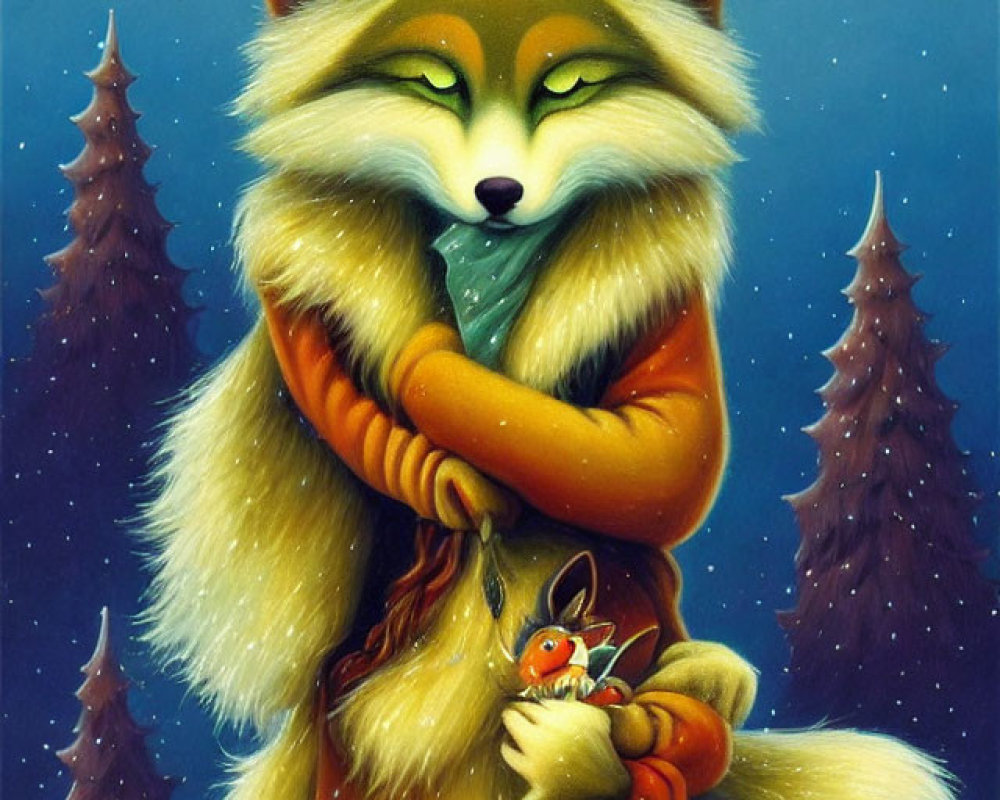 Anthropomorphic fox holding smaller fox in snowy forest scene