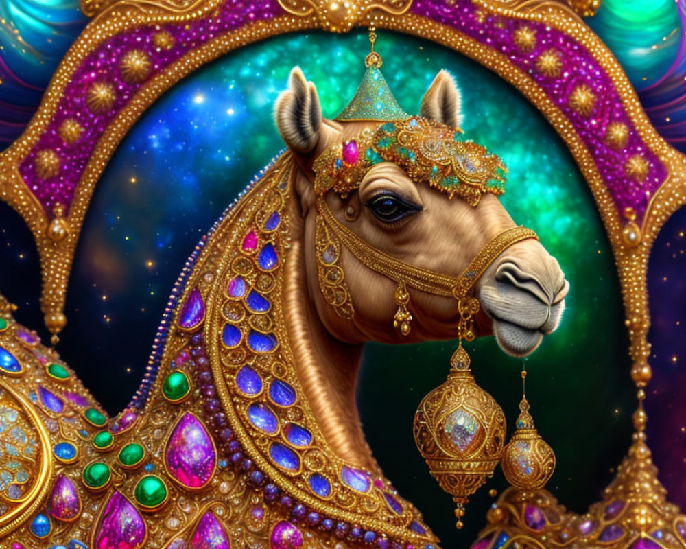 Decorated Camel with Jeweled Headdress and Cosmic Backdrop