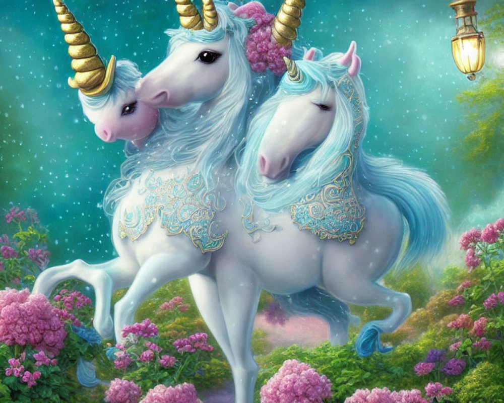 Two Elegant Unicorns with Ornate Markings Prancing Among Lush Flowers Under Starry Sky