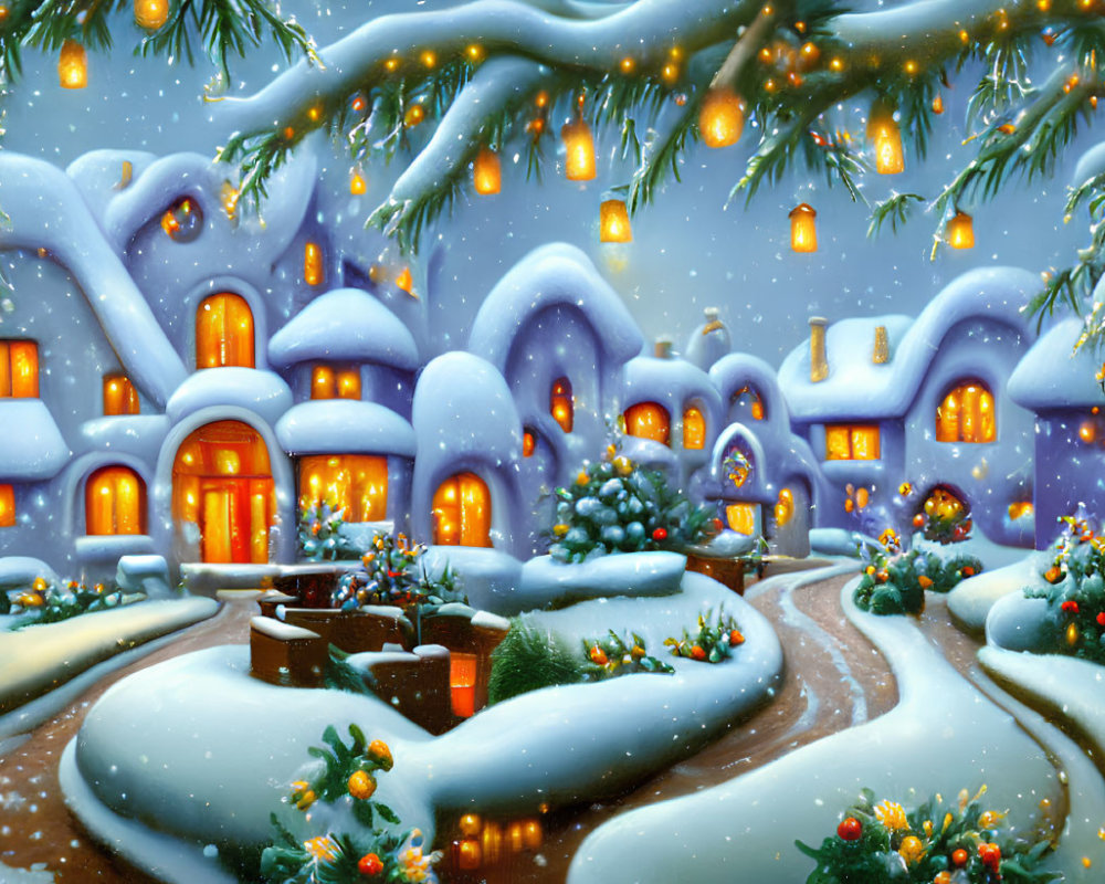 Snow-covered winter village with glowing windows and festive lights