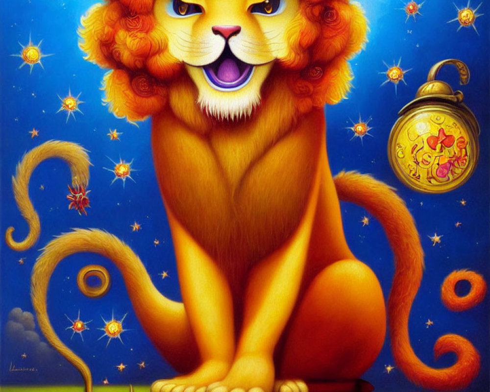 Colorful Lion Illustration with Stars and Golden Pocket Watch