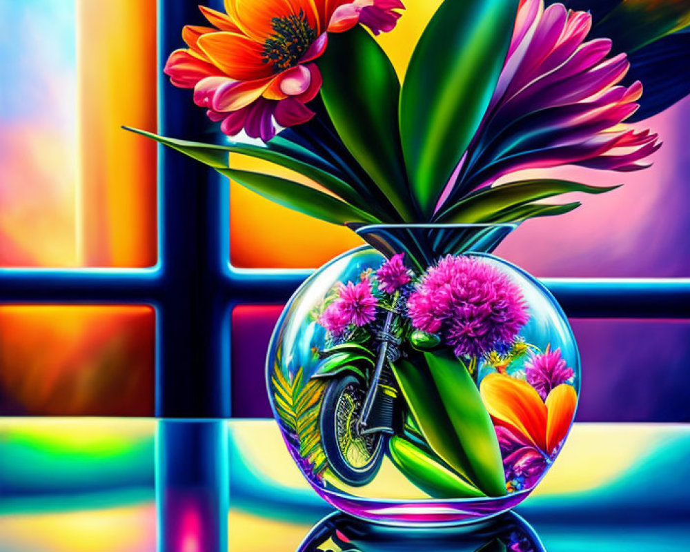 Colorful flowers in glass vase on stained glass backdrop