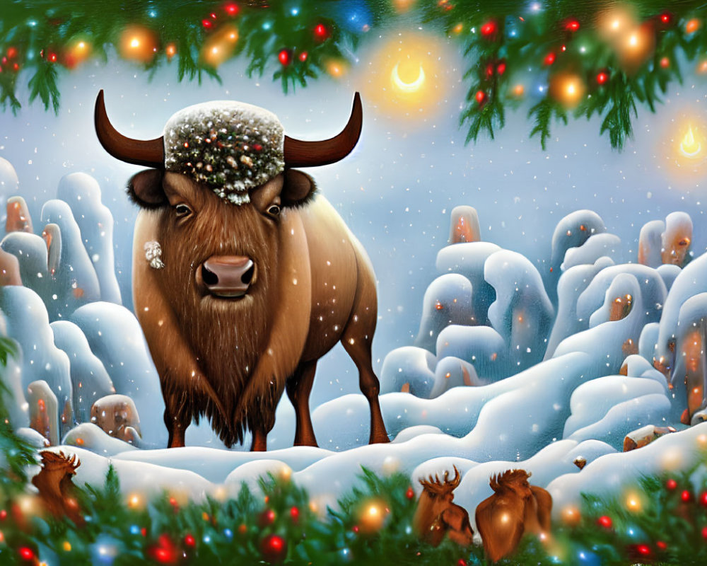 Illustration of festive yak in snowy landscape with decorated trees and small creatures