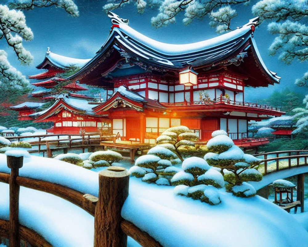 Snow-covered Japanese temple and wooden bridge in winter twilight