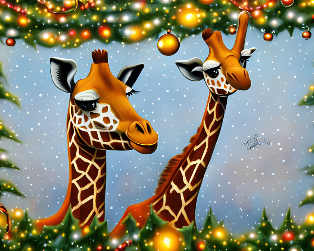 Playful cartoon giraffes among Christmas trees in snowfall