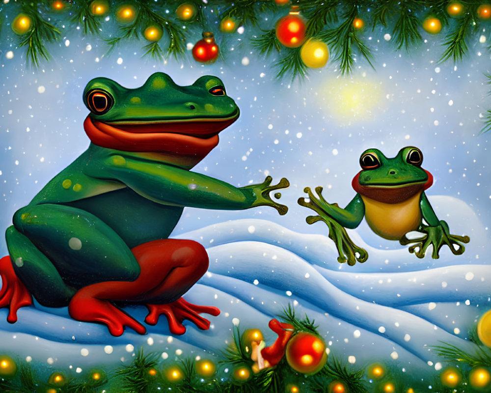 Cartoon Frogs with Snowy Tree and Lights