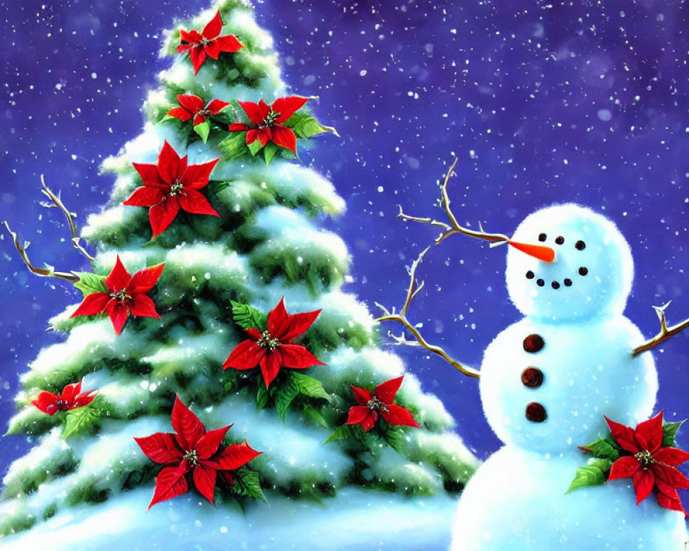 Decorated Christmas tree with smiling snowman in falling snow.