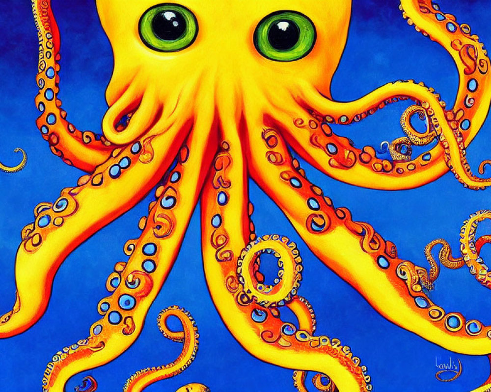 Colorful Orange Octopus Illustration with Green Eyes on Blue Background