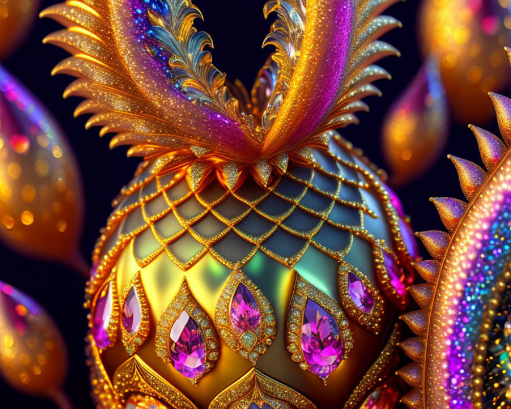 Intricate golden pineapple with jewels and feathers on dark backdrop