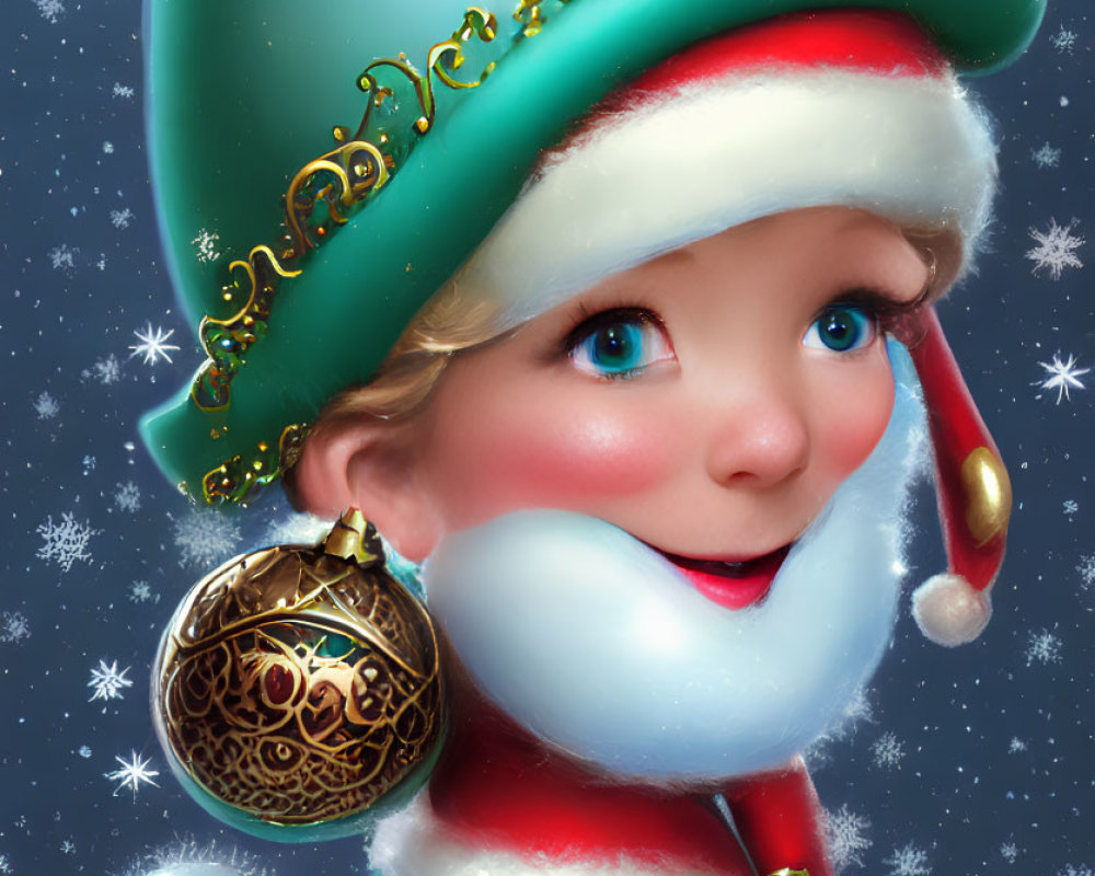 Cheerful elf in festive attire holding Christmas bauble under snowflakes