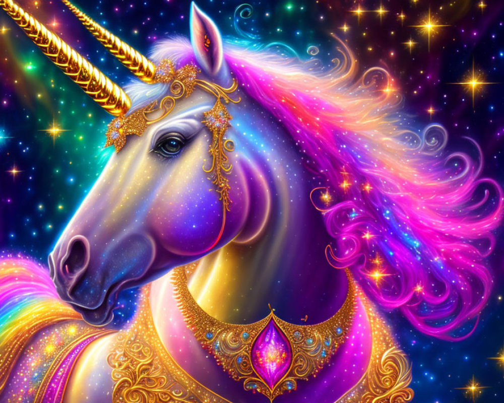 Colorful Unicorn Illustration with Shimmering Mane and Cosmic Background