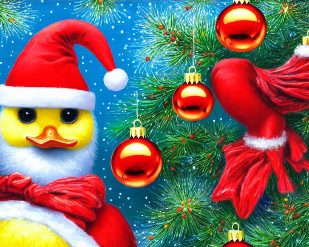 Yellow Duckling in Santa Hat with Festive Decorations