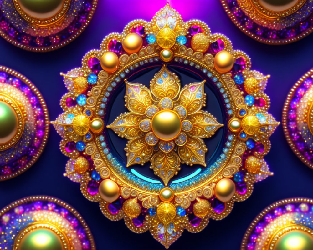 Intricate blue and gold mandala with gemstones