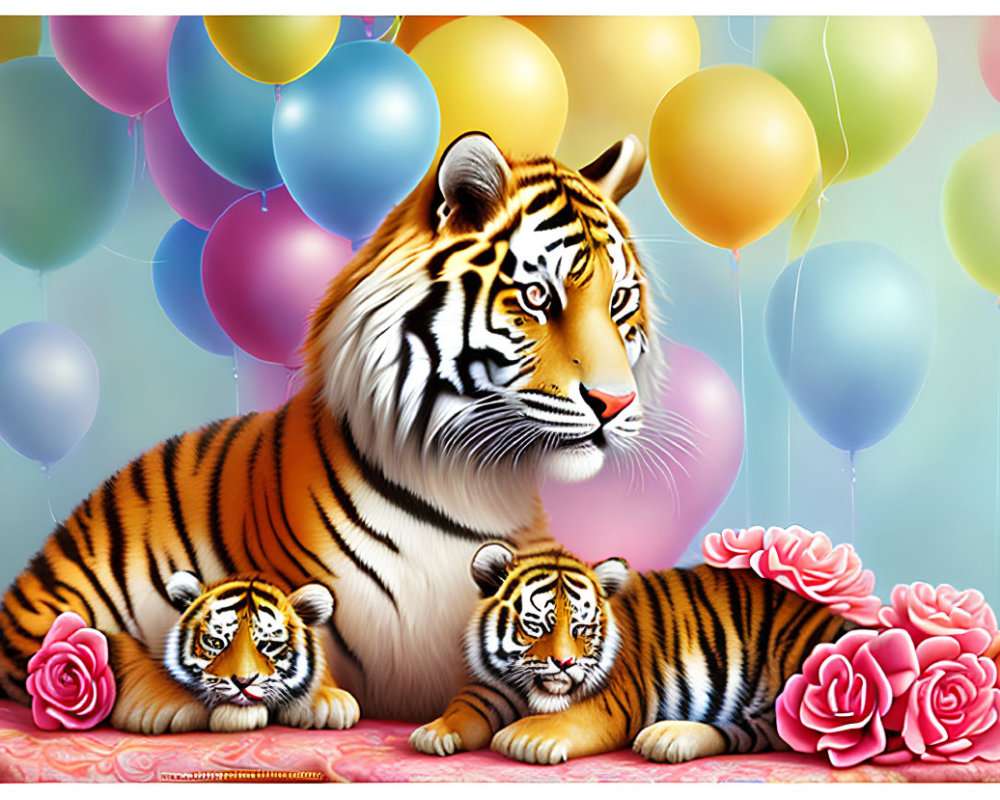 Colorful Illustration of Majestic Tiger with Cubs and Balloons