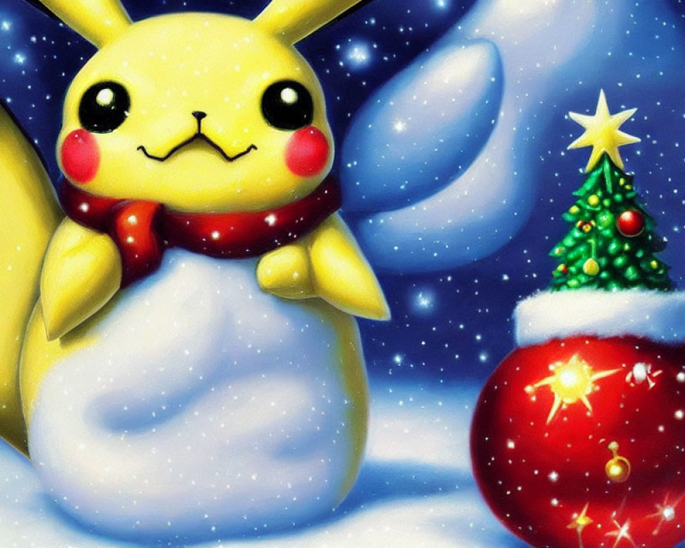 Festive Pikachu with red scarf by Christmas tree in snowy scene