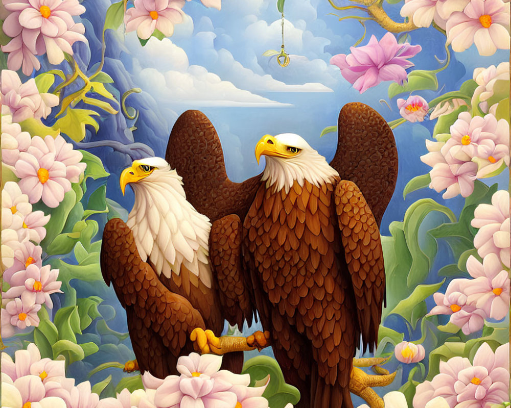 Bald Eagles on Branch with Pink Blossoms and Sky-blue Background